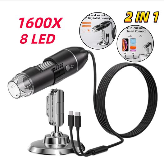 Digital Microscope 2 IN 1 1600X Magnification Camera with 8 LEDs and Stand - Explore the Microscopic World - Electromann SA