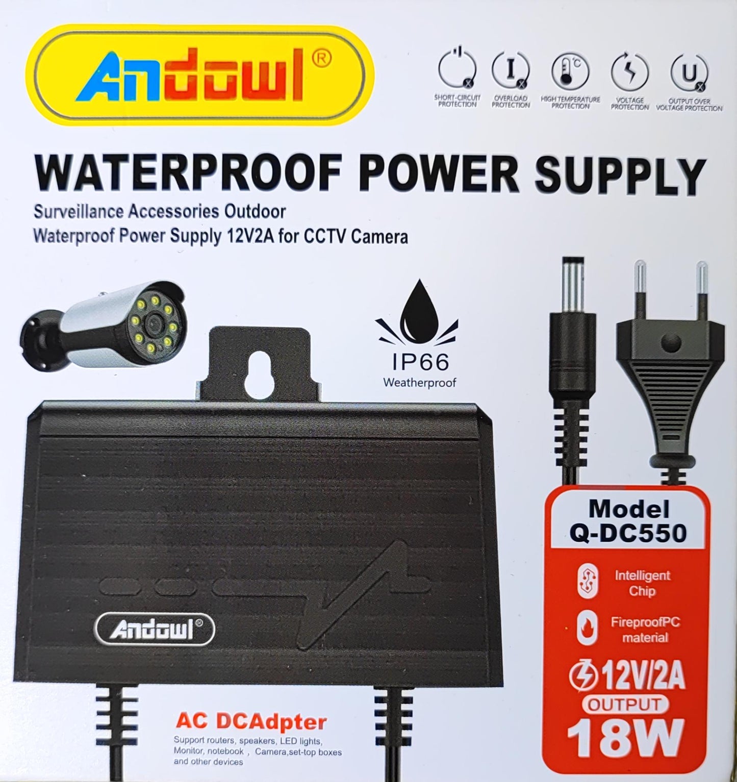 Andowl Q-DC550 Power Supply - 220v AC to 12V DC 2Amp 18w Converter for Charging Electronic Devices - Electromann SA