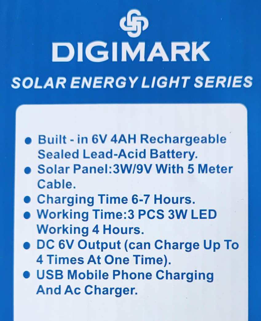Digimark 3 LED Solar Portable Power Box Mobile Charger and Portable Light - Eco-Friendly Device for Power and Light On the Gol - Electromann SA