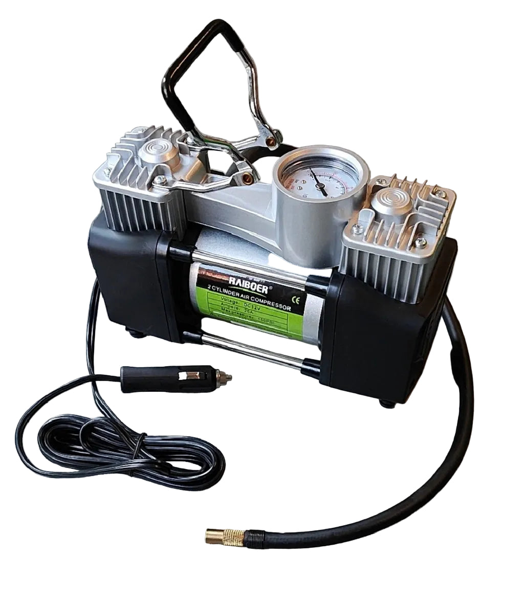 RAIBOER 12VDC 150PSI 70Lit/Min Dual Cylinder Air Compressor and Tool Set - Fast and Efficient Inflation - Electromann SA