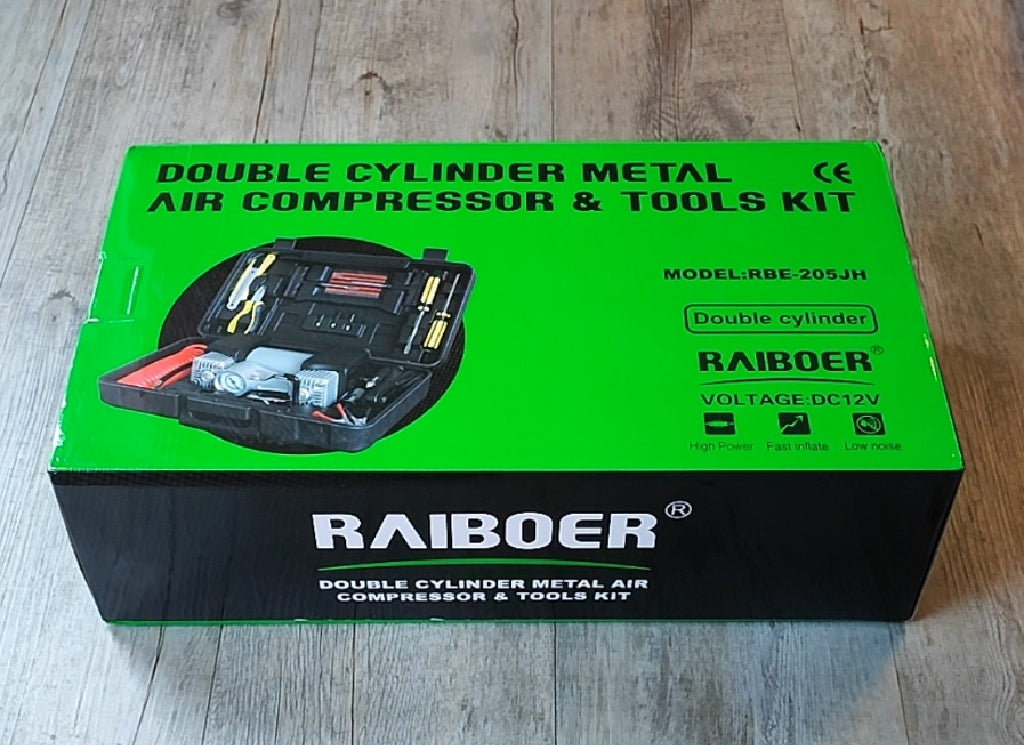 RAIBOER 12VDC 150PSI 70Lit/Min Dual Cylinder Air Compressor and Tool Set - Fast and Efficient Inflation - Electromann SA