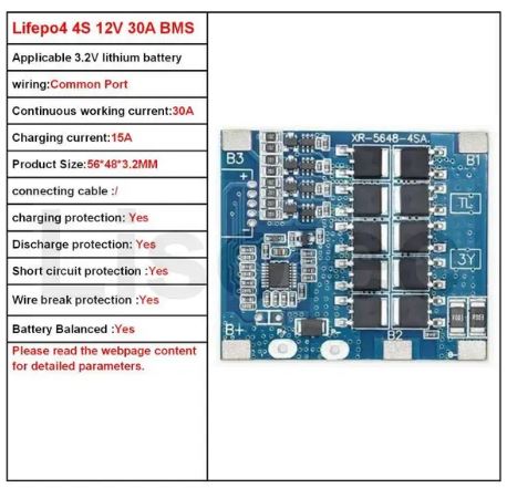 4S 30Amp (3.2V LiFePO4 Cell) Battery Charge Protection Board with Balancing - Electromann SA