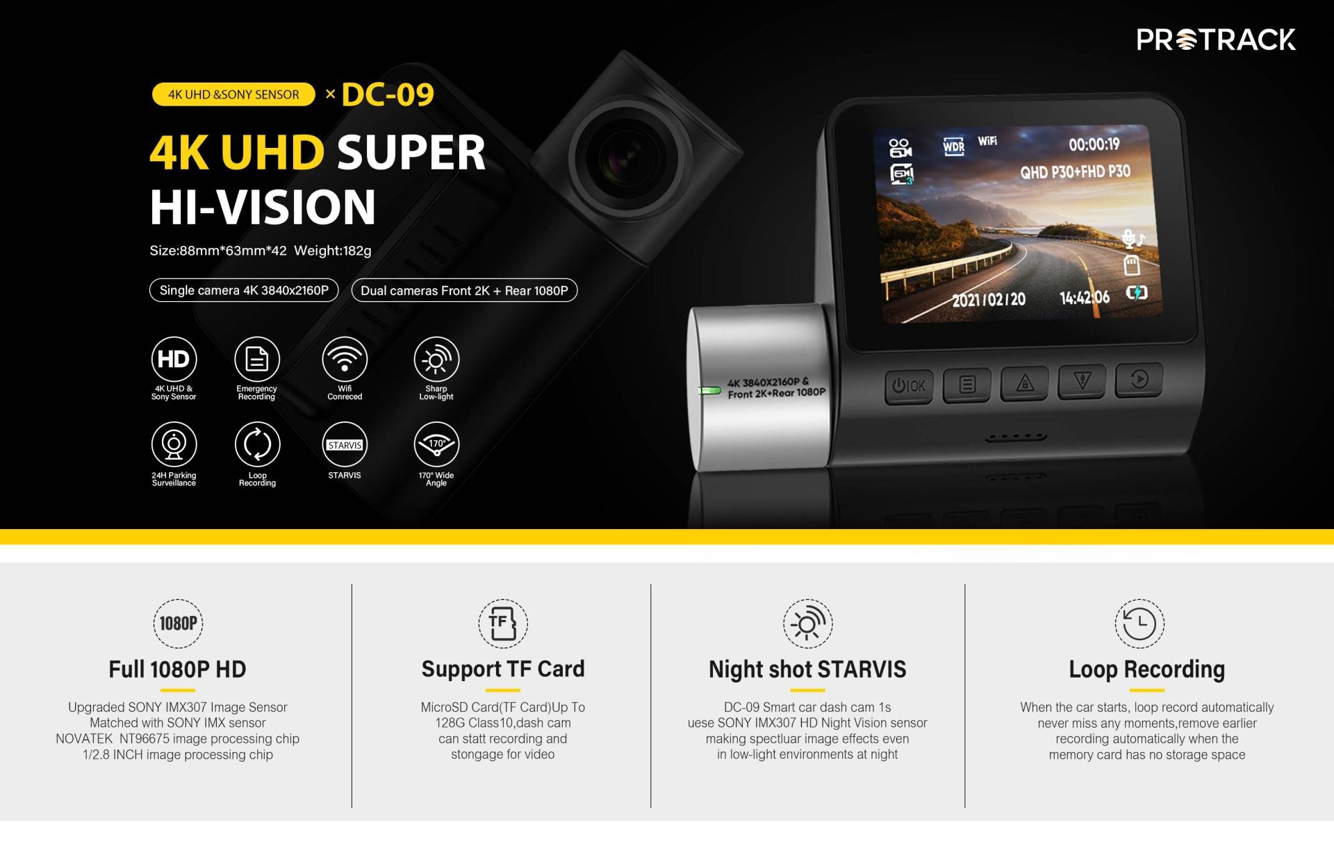 4K HD STARVIS Wifi Dash Cam with Dual Camera Front and Rear Night Vision - Electromann SA