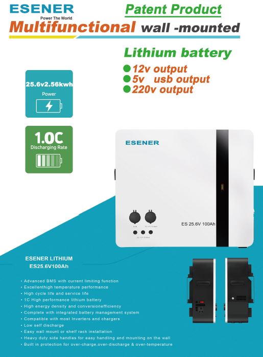 ESENER 2.56Kwh 25.6V 100AH Wall Mount Lithium Battery - High-Performance Energy Storage Solution - Electromann SA