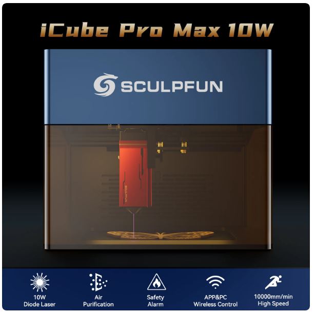 Sculpfun iCube Pro Max 10W Laser Engraver Portable Laser Engraving Machine with Smoke Filter Temperature Alarm Ultra Fine 0.08mm - Electromann SA