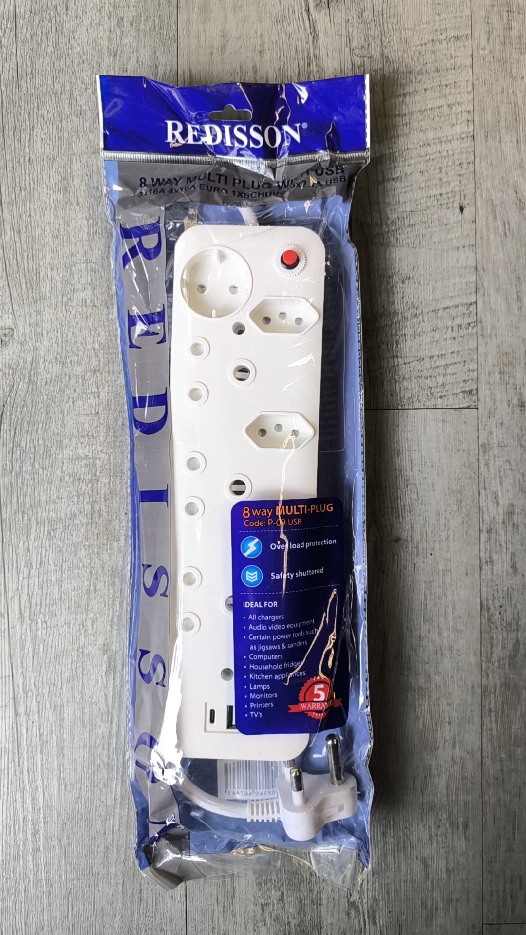 REDISSON 8 Way 3x16Amp 4x16Amp Euro 1x Schuko 3x 2.1A USB Port 220v Multi-Plug - Electromann SA