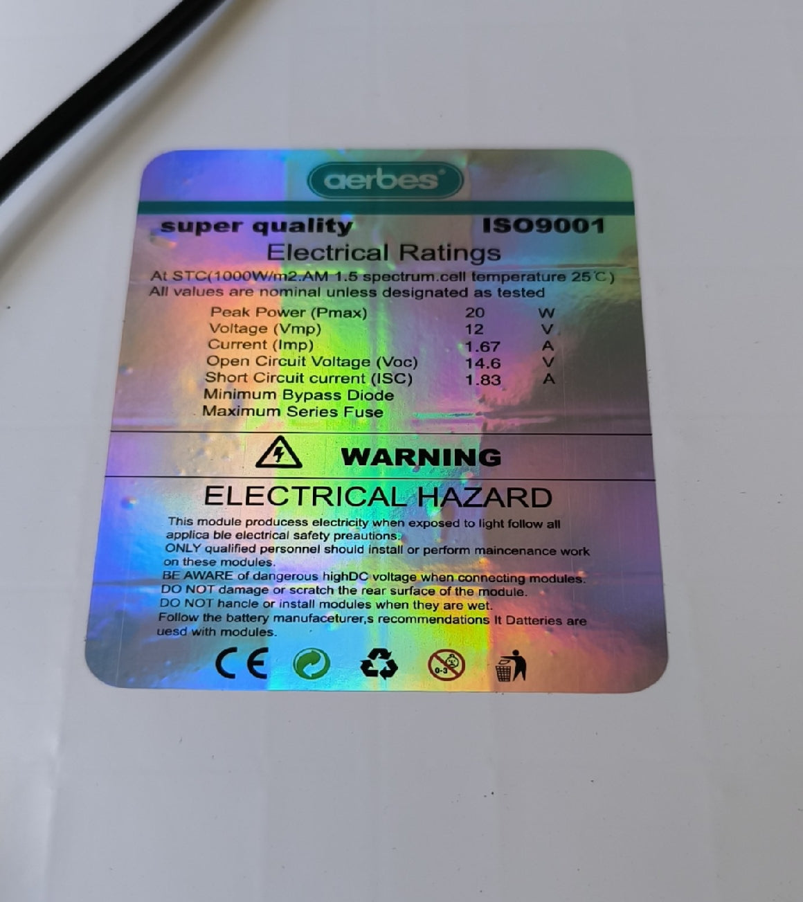 aerbes AB-TA187 20W 12v Monocrystalline Solar Panel - Electromann SA