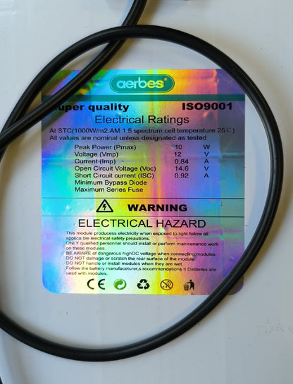aerbes AB-TA186 10W 12v Monocrystalline Solar Panel (10007222) - Electromann SA