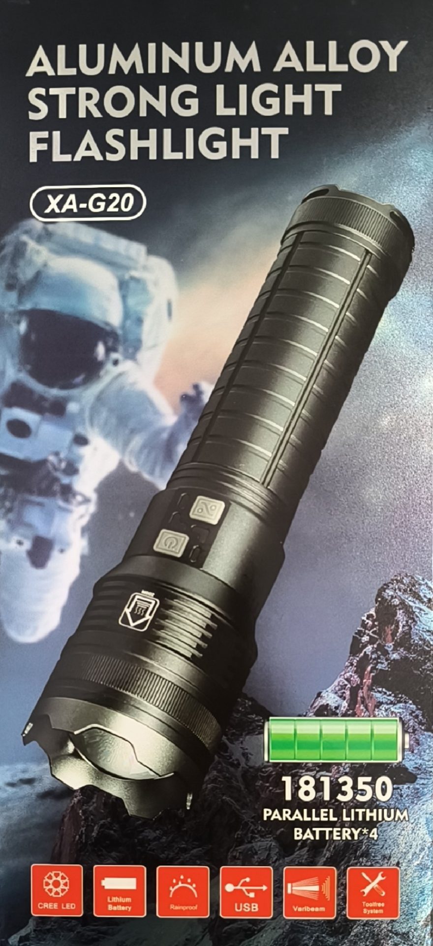 XA-G20 Aluminum Alloy High Power Led Flashlight with 181350 Lithium Batteries - Electromann SA