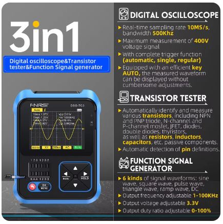FNIRSI DSO TC3 Digital Oscilloscope Transistor Tester Signal Generator - Electromann SA