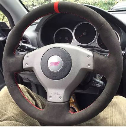 Subaru Impreza WRX STI 9 Hand-Stitch Full Coverage Red Mark Suede Steering Wheel Cover - Electromann SA