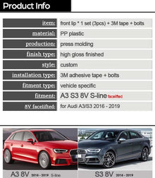 3Pc Carbon Fiber Printing Front Bumper Lip Spoiler for Audi A3/S3 8V Facelifted 2016 - 2019 (10007326) - Electromann SA