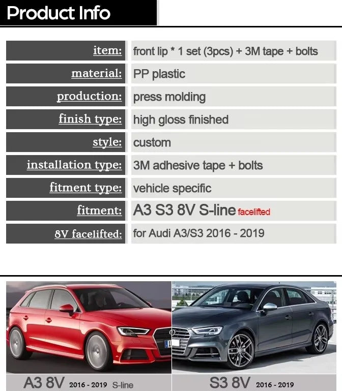 3Pc AUDI A3 / S3 8V 2016-2019 front Bumper Splitter Lip - Gloss Black Look(10007774)