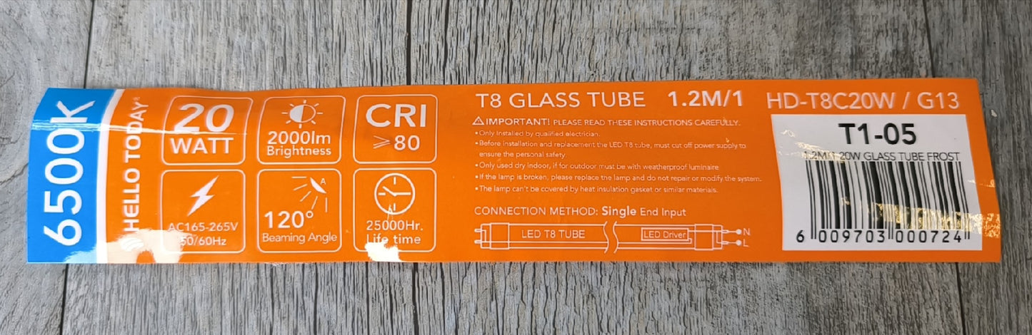 Hello Today T8 4Ft 1.2m 20w AC230v Frosted 6500K LED Tube - Electromann SA
