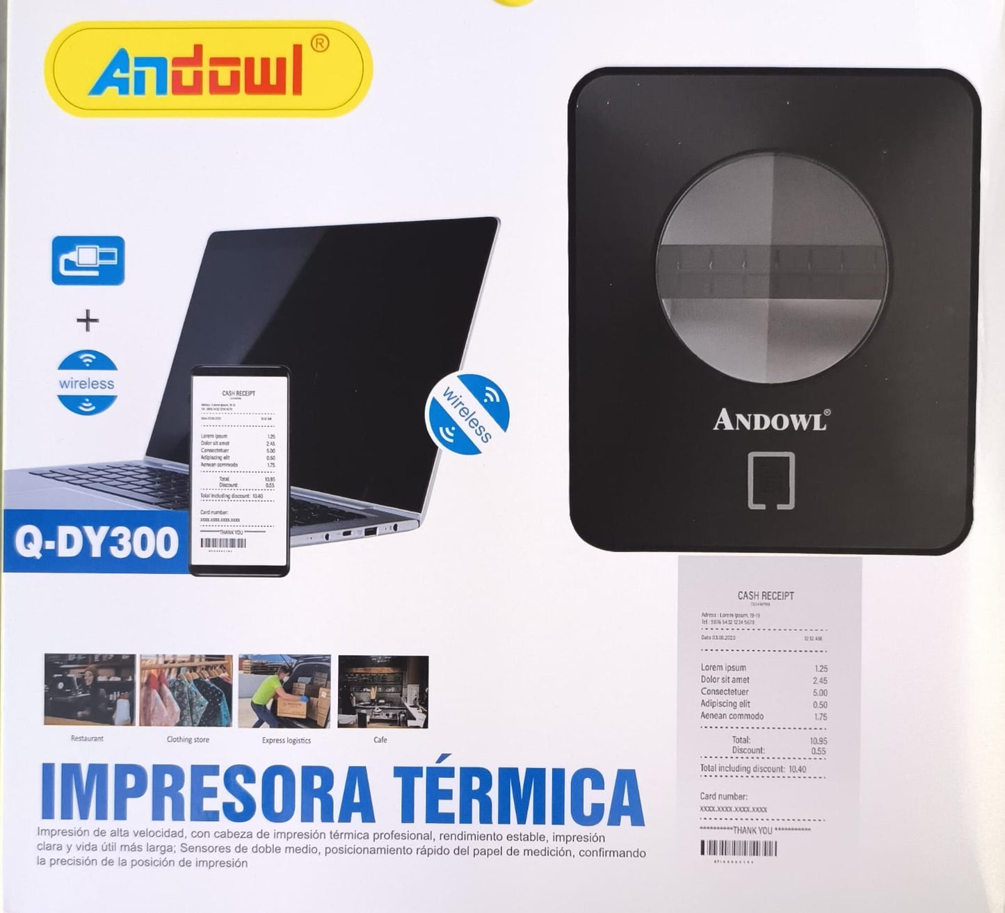 Andowl  USB Wired and Wireless Bluetooth Thermal Receipt Printer - Electromann SA
