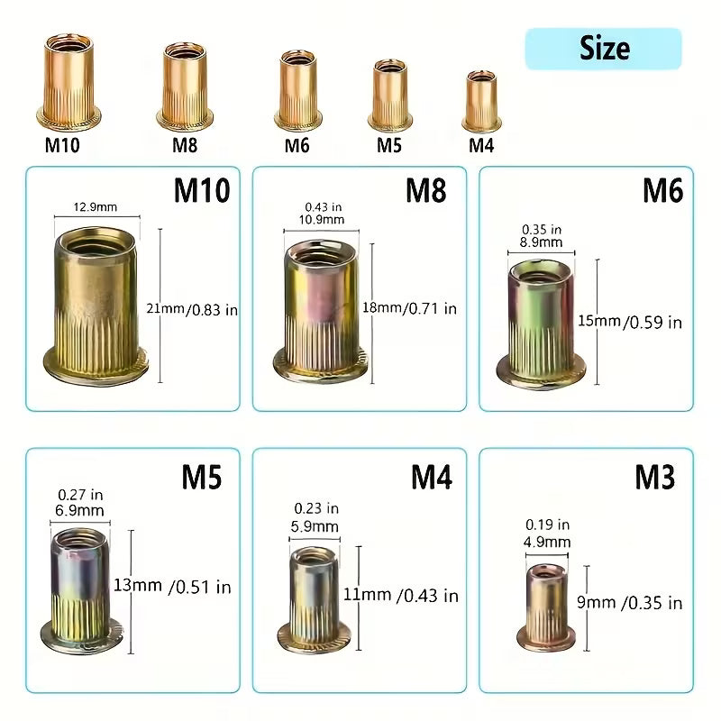 165pcs Blind Rivet Nut M3 M4 M5 M6 M8 M10 M12 Rivnut Carbon Steel Flat Head Threaded Insert Nut Kit (10004594) - Electromann SA