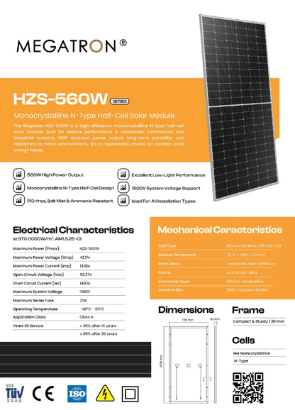 Megatron 560W Mono Solar Panel - High-Performance & Durable Solar Panel (10008255)