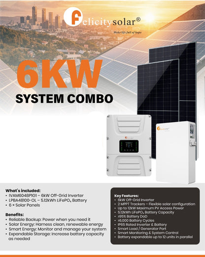 Felicity Solar 6kW 48V Inverter, Battery & Solar Panel Combo (10008440)