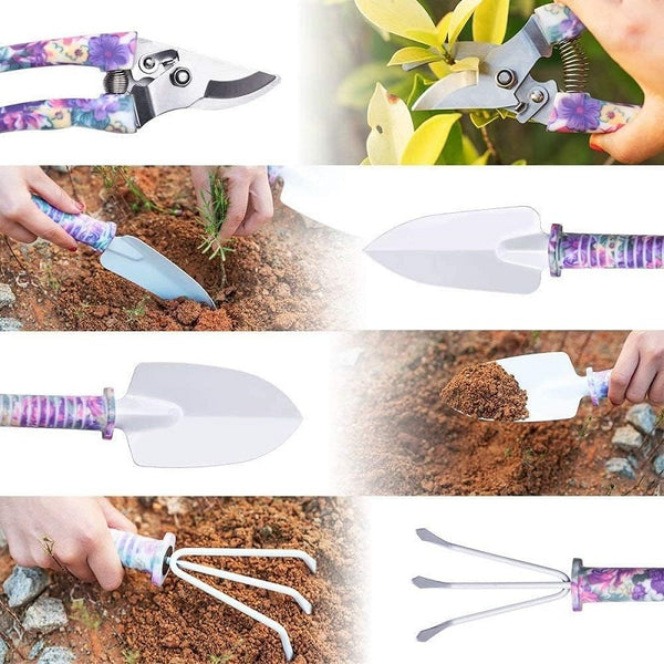 XF0900 Gardening Hand Tools with Purple Floral Print 10 Pieces