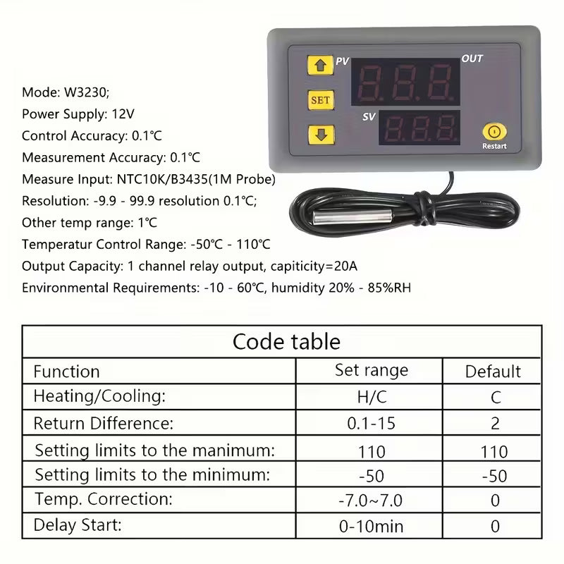 W3230 12VDC Probe Line 20A Digital Temperature Controller (10001004) - Electromann SA