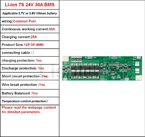 7S 24V 30Amp BMS for Ebike/Scooter Lithium Battery