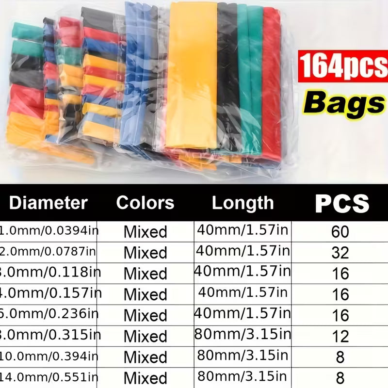 164pcs 2:1 Polyolefin Heat Shrink Tubing Set (10000450) - Electromann SA