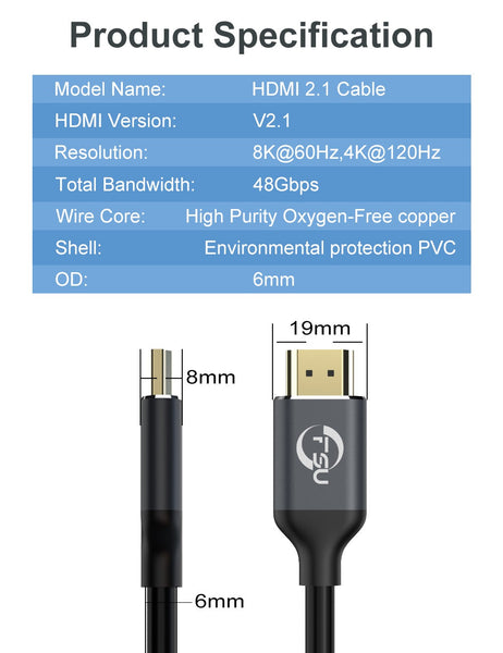 FSU 2m 2.1 Cable 8k/60Hz 4K/120HZ 48Gbps HDMI Cable