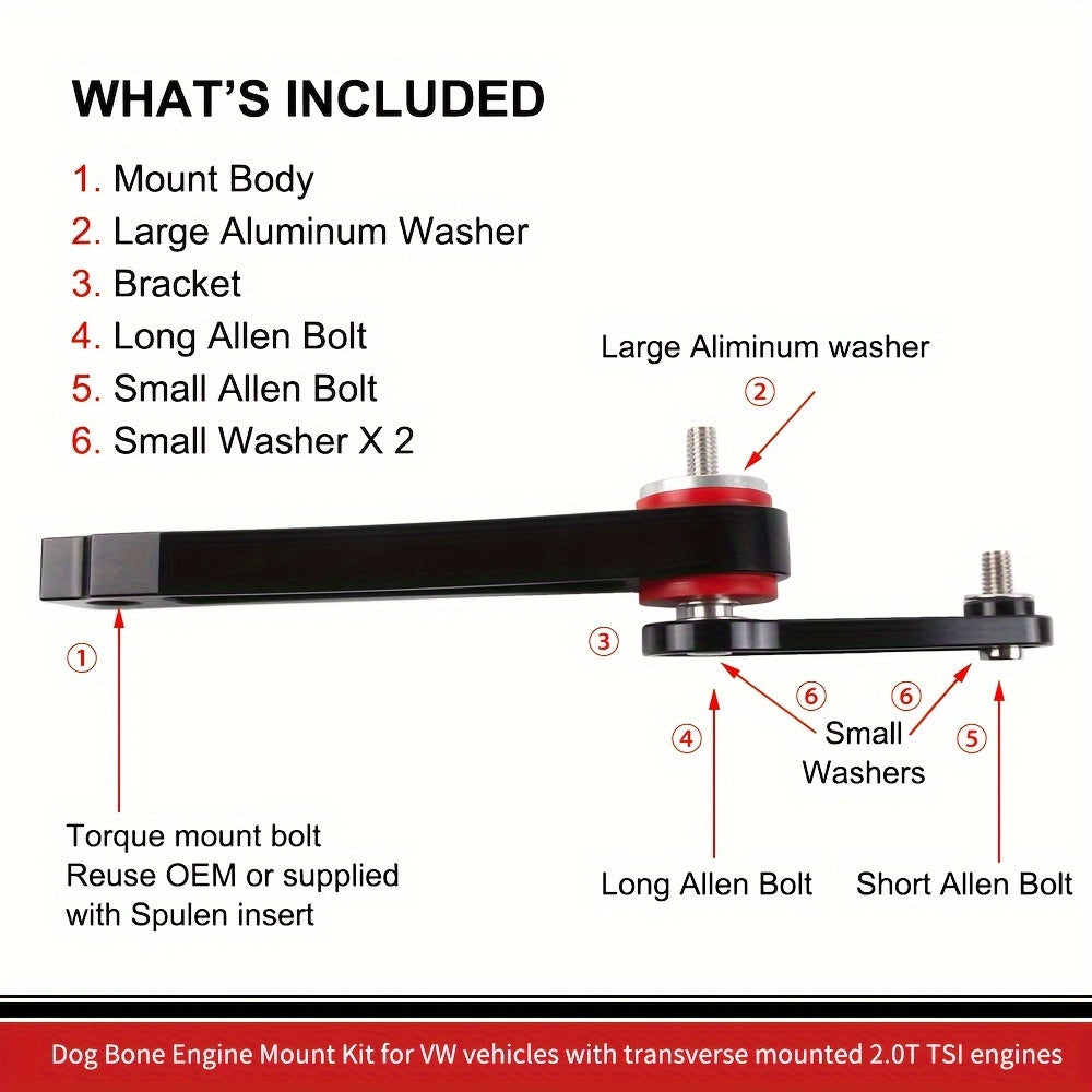 1pc VW Dog Bone Engine Mount Kit, Front Position, Compatible with Transverse 2.0T Engines, Includes Mount Body, Aluminum Washers, and Torque Mount Bolt (10007657) - Electromann SA