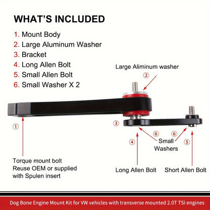 1pc VW Dog Bone Engine Mount Kit, Front Position, Compatible with Transverse 2.0T Engines, Includes Mount Body, Aluminum Washers, and Torque Mount Bolt (10007657) - Electromann SA