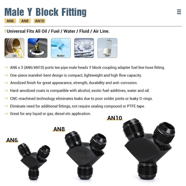 AN6 Aluminum Y Block Adapter Fitting for Oil/Fuel Pipes