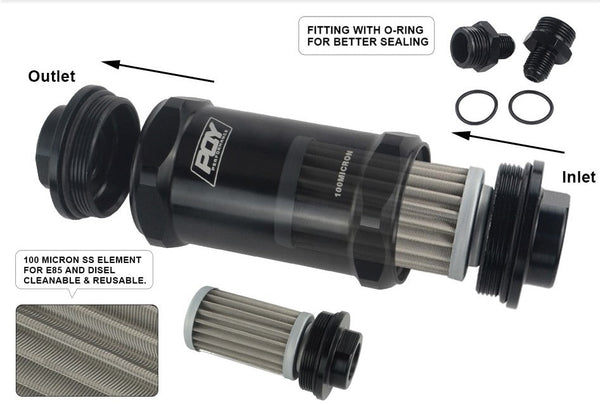 AN8 Inline Fuel Filter Compatible with E85 Ethanol