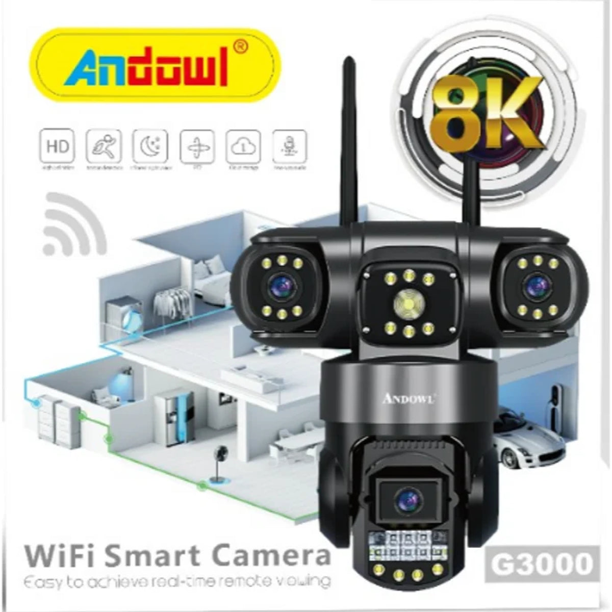 Andowl G3000 WiFi PTZ IP 8K 12MP Security Camera with Triple Lens, Triple Screen, Motion Detection, Two-Way Audio and Night Vision (10007669) - Electromann SA
