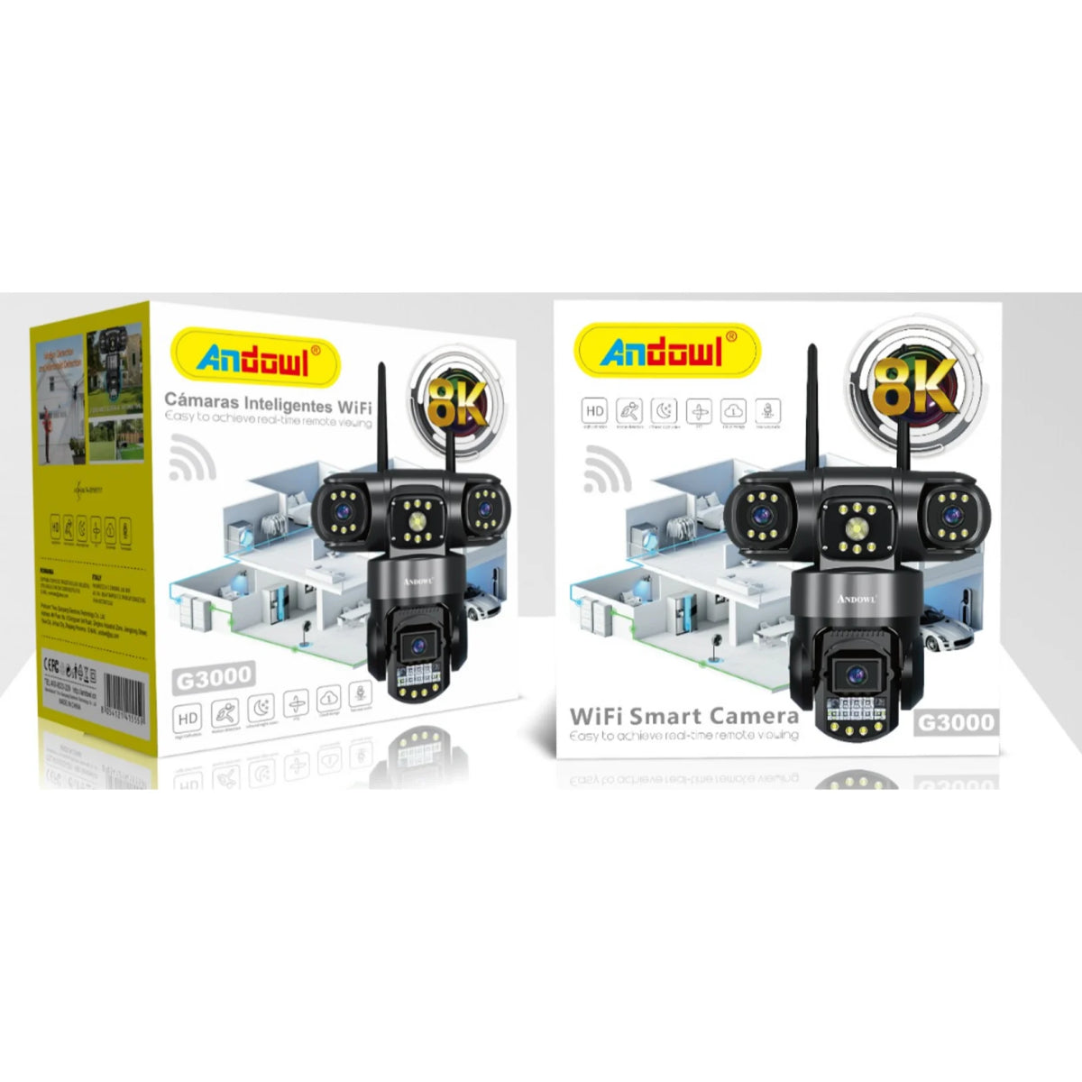 Andowl G3000 WiFi PTZ IP 8K 12MP Security Camera with Triple Lens, Triple Screen, Motion Detection, Two-Way Audio and Night Vision (10007669) - Electromann SA