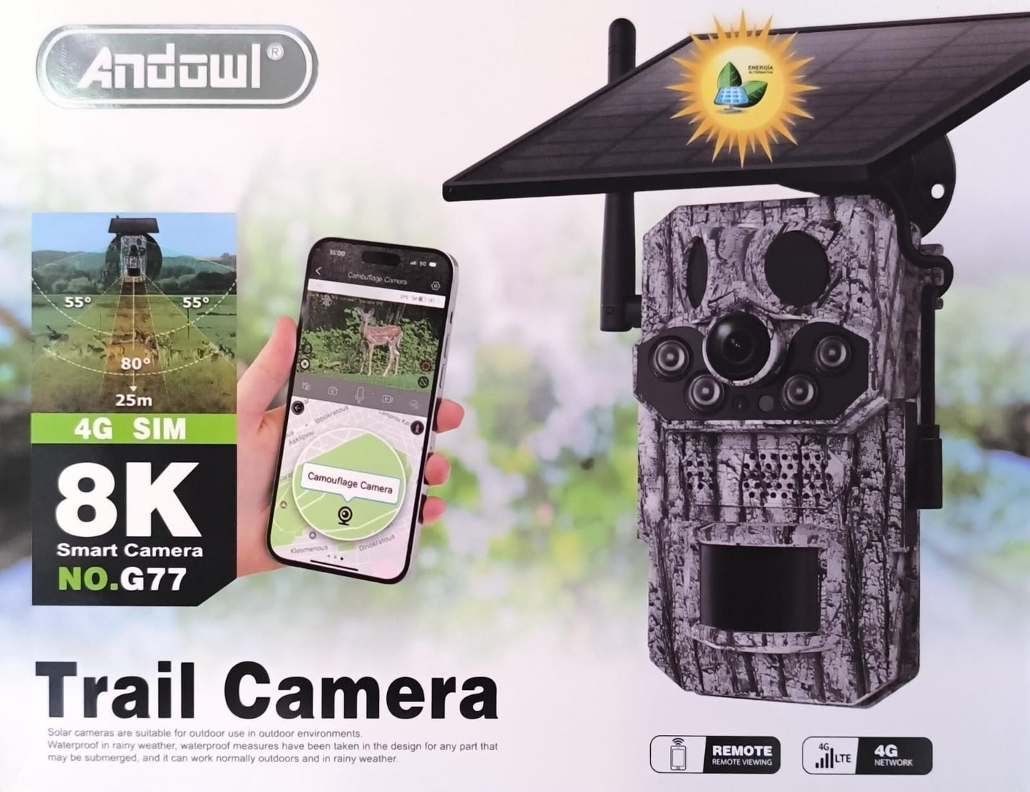 ANDOWL 8K 4G Sim Solar Powered Outdoor Bush Camera with Mobile Phone APP Remote Control (10007671) - Electromann SA