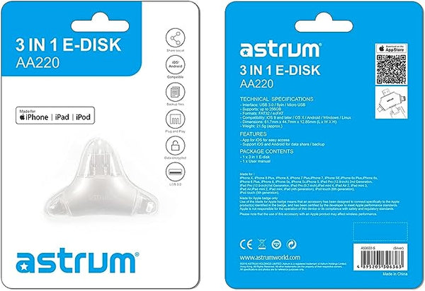 Astrum 3 in 1 E-Disk Multi-Function Card Reader - AA220: Efficient Data Transfer and Access