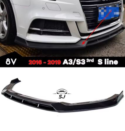 3Pc Carbon Fiber Printing Gloss Black Front Bumper Lip Spoiler for Audi A3/S3 8V Facelifted 2016 - 2019