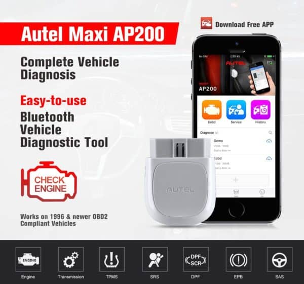 Autel MaxiAP AP200 Bluetooth Vehicle Diagnostic Tool - Full-System Diagnosis for Over 50 Vehicle Makes and Models