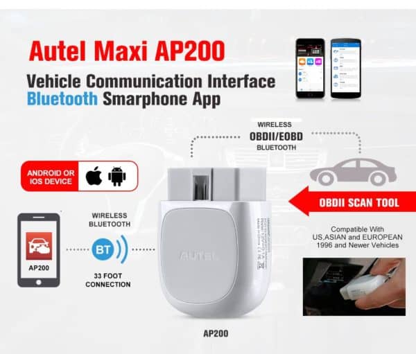 Autel MaxiAP AP200 Bluetooth Vehicle Diagnostic Tool - Full-System Diagnosis for Over 50 Vehicle Makes and Models