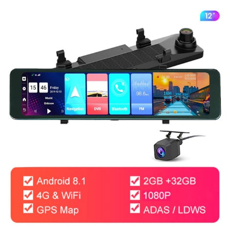 Bluavido 4G ADAS 12" Android Car Mirror Dash Camera GPS Navigator