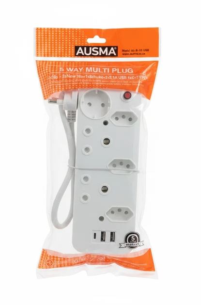 Ausma 5 Way Multiplug 2x16A 3x16a 1x Schuko 2x usb 1x C-Type (10009035)