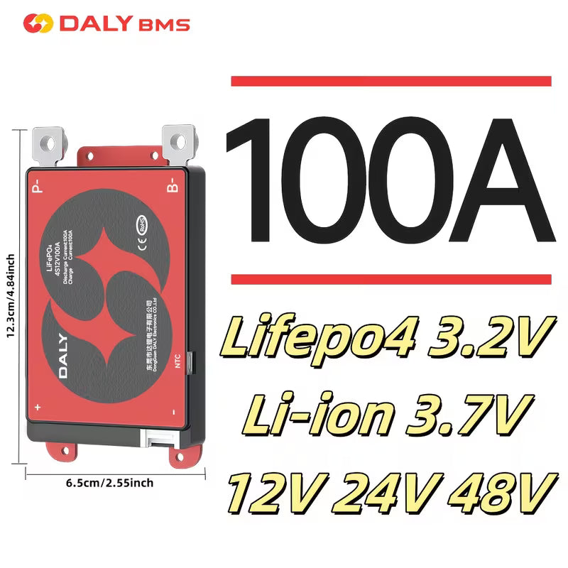 DALY BMS battery management system with specifications on a white background