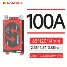 Red electronic component with specifications and DALY BMS branding on a white background