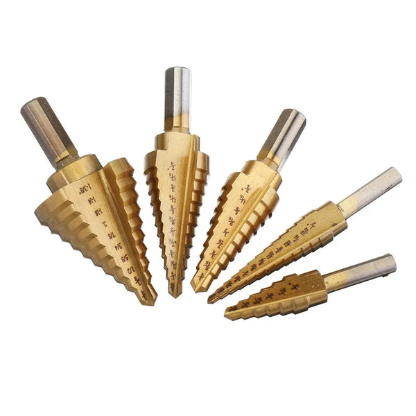 Drillpro 5Pcs Titanium Plating Step Drill Bit Set - Versatile and Durable Tool for Multiple Hole Sizes