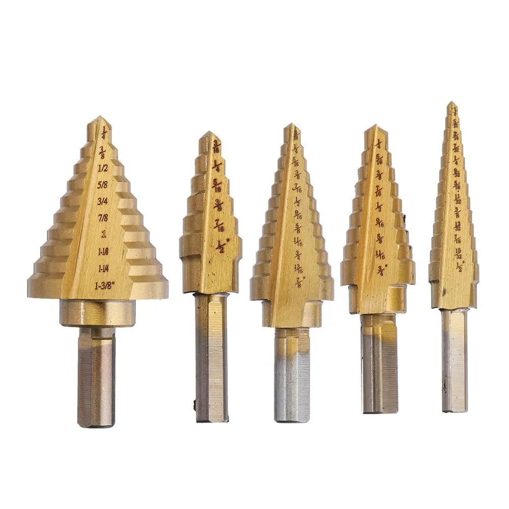 Drillpro 5Pcs Titanium Plating Step Drill Bit Set - Versatile and Durable Tool for Multiple Hole Sizes