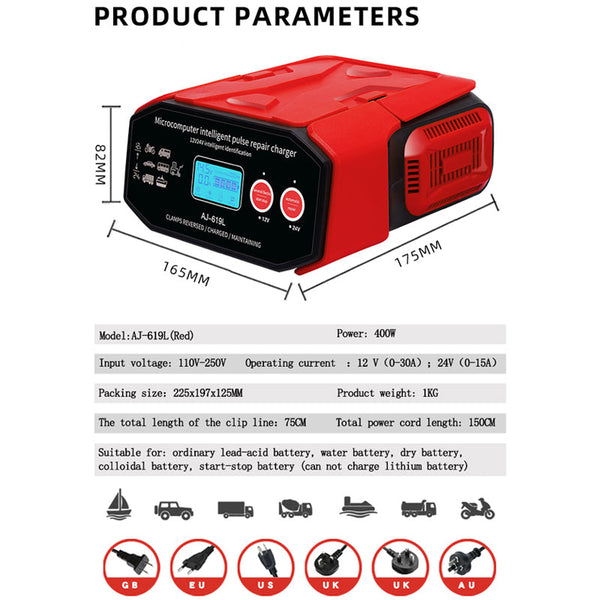 EAFC Quick Charge 12V-24V Smart Pulse Repair Car Battery Charger - Revive and Maintain Car Batteries