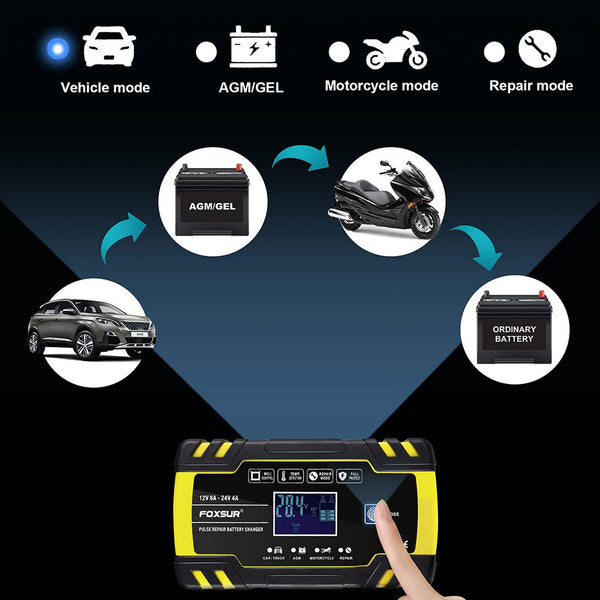 FOXSUR 12V/24V 8Amp 3 Stage Automatic Battery Charger - Versatile and Efficient Charging Solution