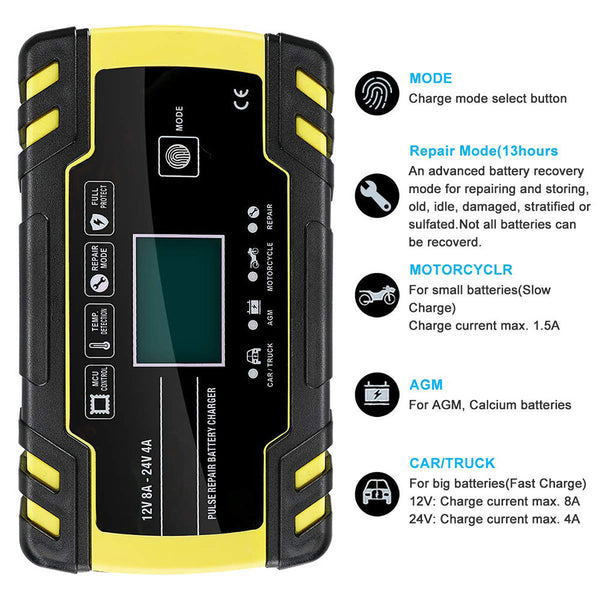 FOXSUR 12V/24V 8Amp 3 Stage Automatic Battery Charger - Versatile and Efficient Charging Solution