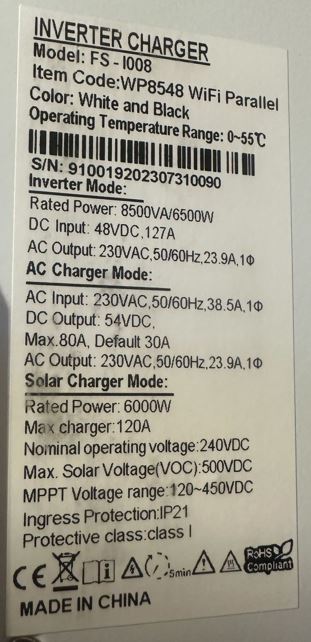 DEMO FiveStar Wifi Parallel Hybrid Inverter - Model FS-I008 (D10005767)