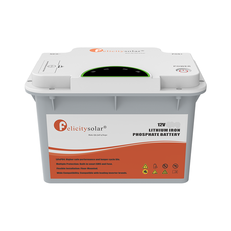 A Pelicitysolar 12V 100AH Lithium Iron Phosphate Battery in a gray plastic container with a white lid and orange label accents, shown on a plain white background.