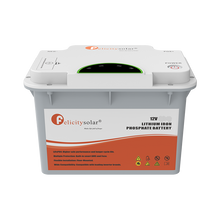 A Pelicitysolar 12V 100AH Lithium Iron Phosphate Battery in a gray plastic container with a white lid and orange label accents, shown on a plain white background.